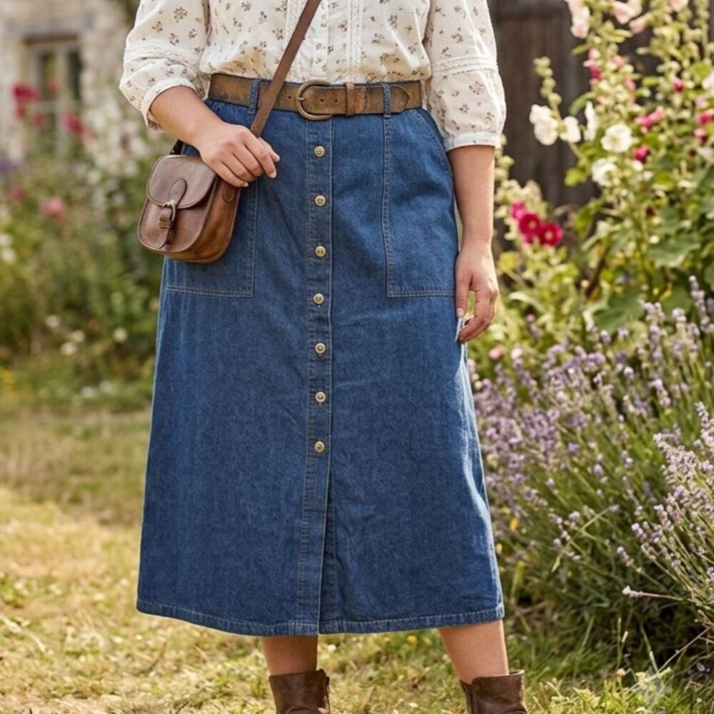 Premier Denim Button Front Midi Skirt 20W Farmhouse Cottagecore Modest 100% Cott